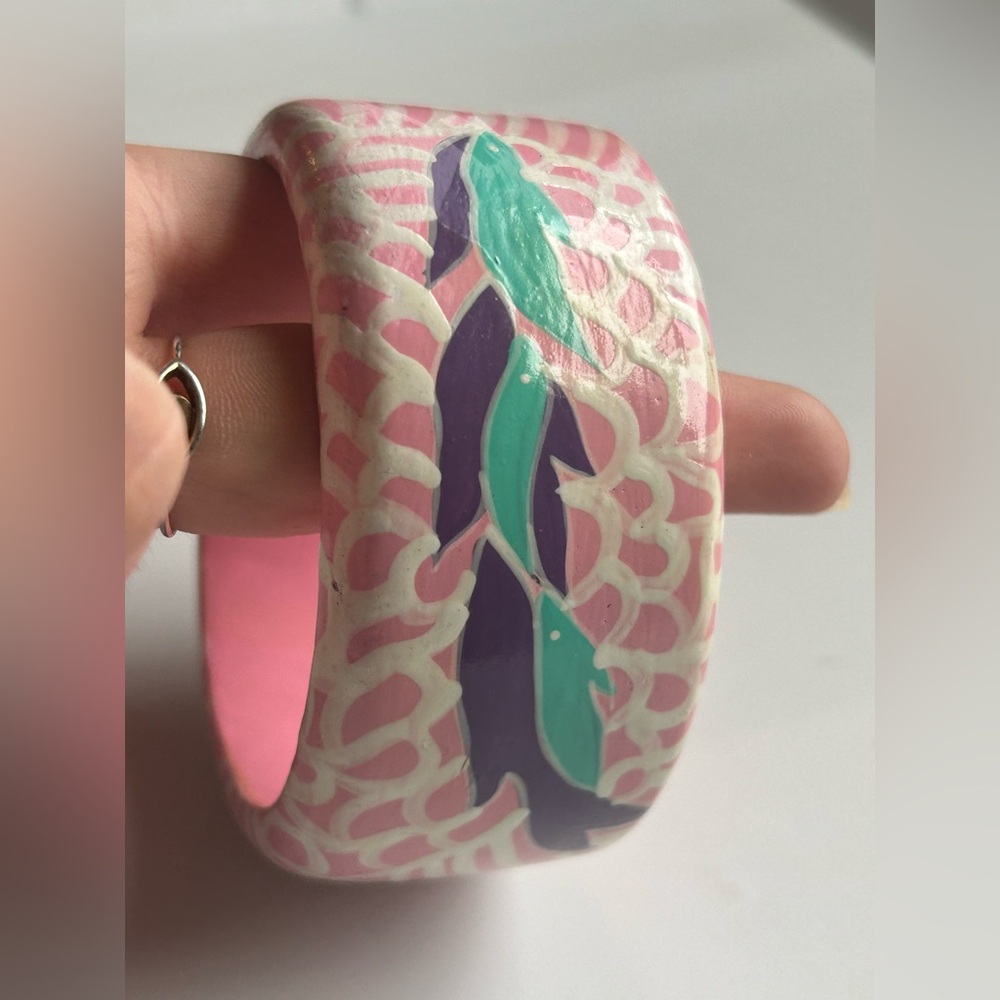 Vintage Hand Painted Wood Bangle Bracelet Pink Blue Abstract Botanical Chunky - Picture 8 of 12